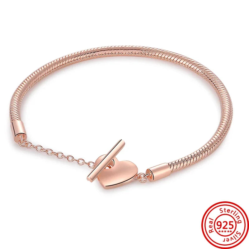 925 Sterling Silver Charms Crown Heart T-Bar Padlock Shiny Clasp Snake Chain Rose Gold Bracelet DIY Making Luxury Jewelry